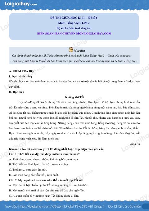 Đề thi giữa học kì 2 Tiếng Việt 2 CTST - Đề số 6